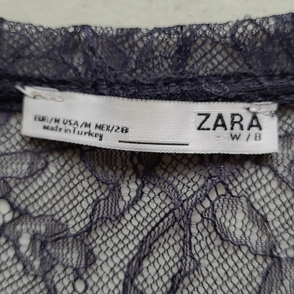 M Zara Sheer Embroidered Floral Lace Top Navy Blue - Picture 8 of 8